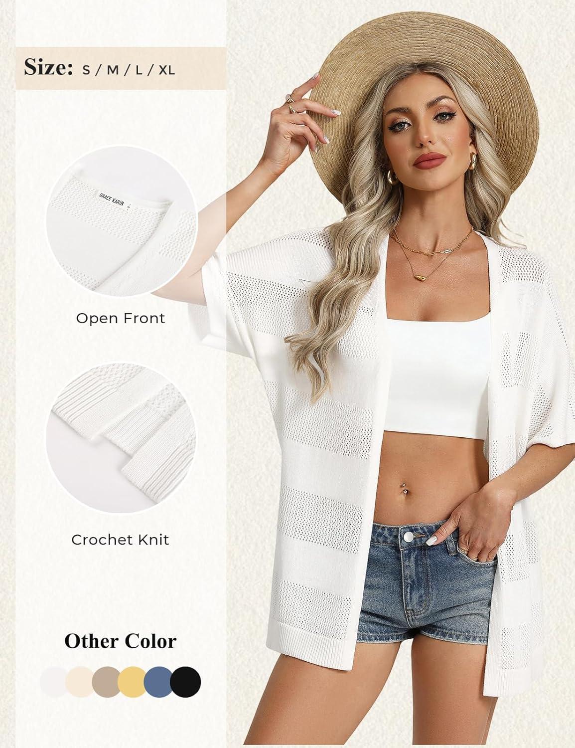 imageGRACE KARIN Womens Lightweight Summer Cardigan Short Sleeve Crochet Knit Coverup Boho Kimono Beach Vacation ClothesWhite