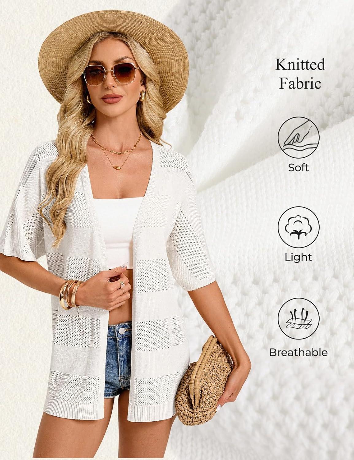 imageGRACE KARIN Womens Lightweight Summer Cardigan Short Sleeve Crochet Knit Coverup Boho Kimono Beach Vacation ClothesWhite