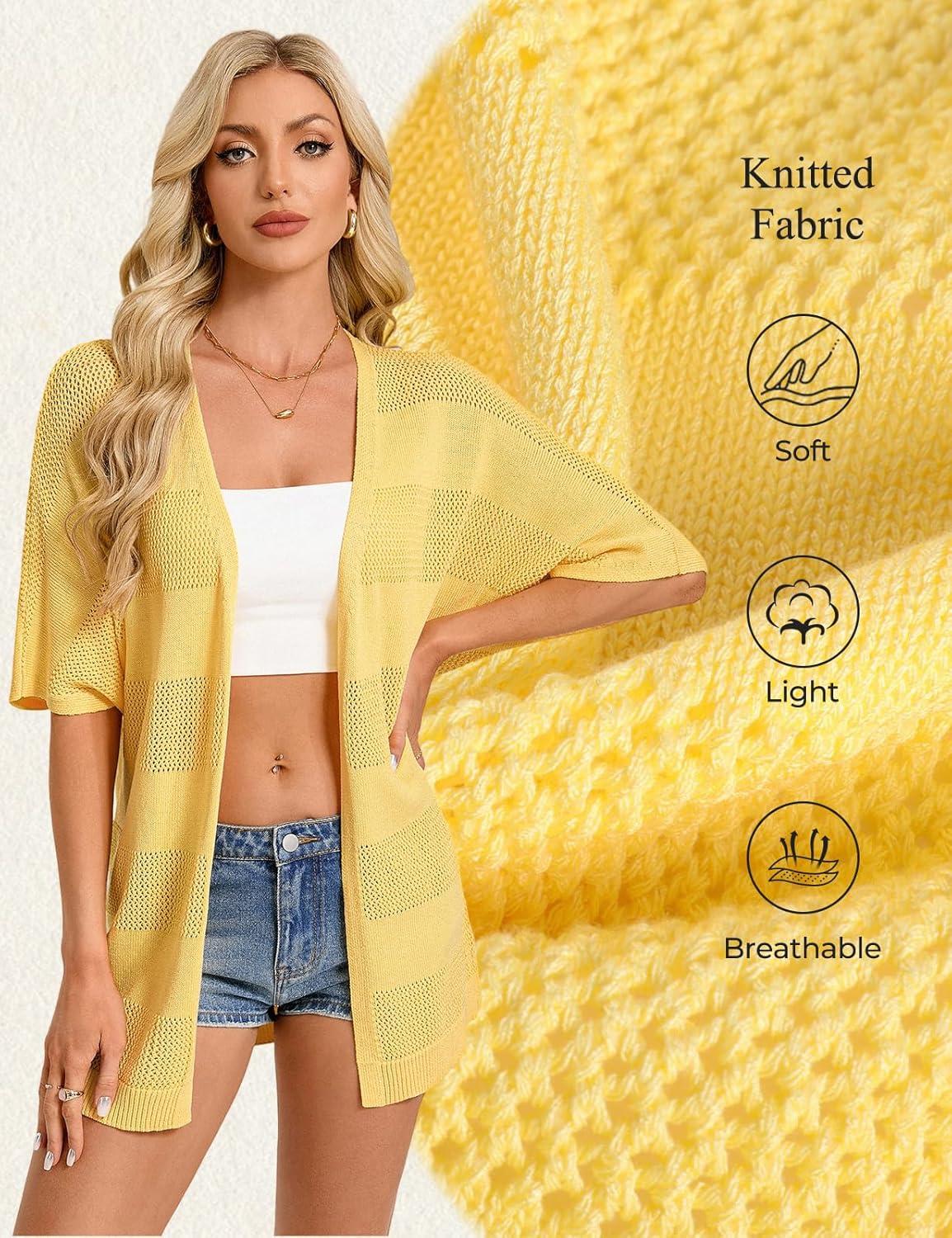 imageGRACE KARIN Womens Lightweight Summer Cardigan Short Sleeve Crochet Knit Coverup Boho Kimono Beach Vacation ClothesYellow