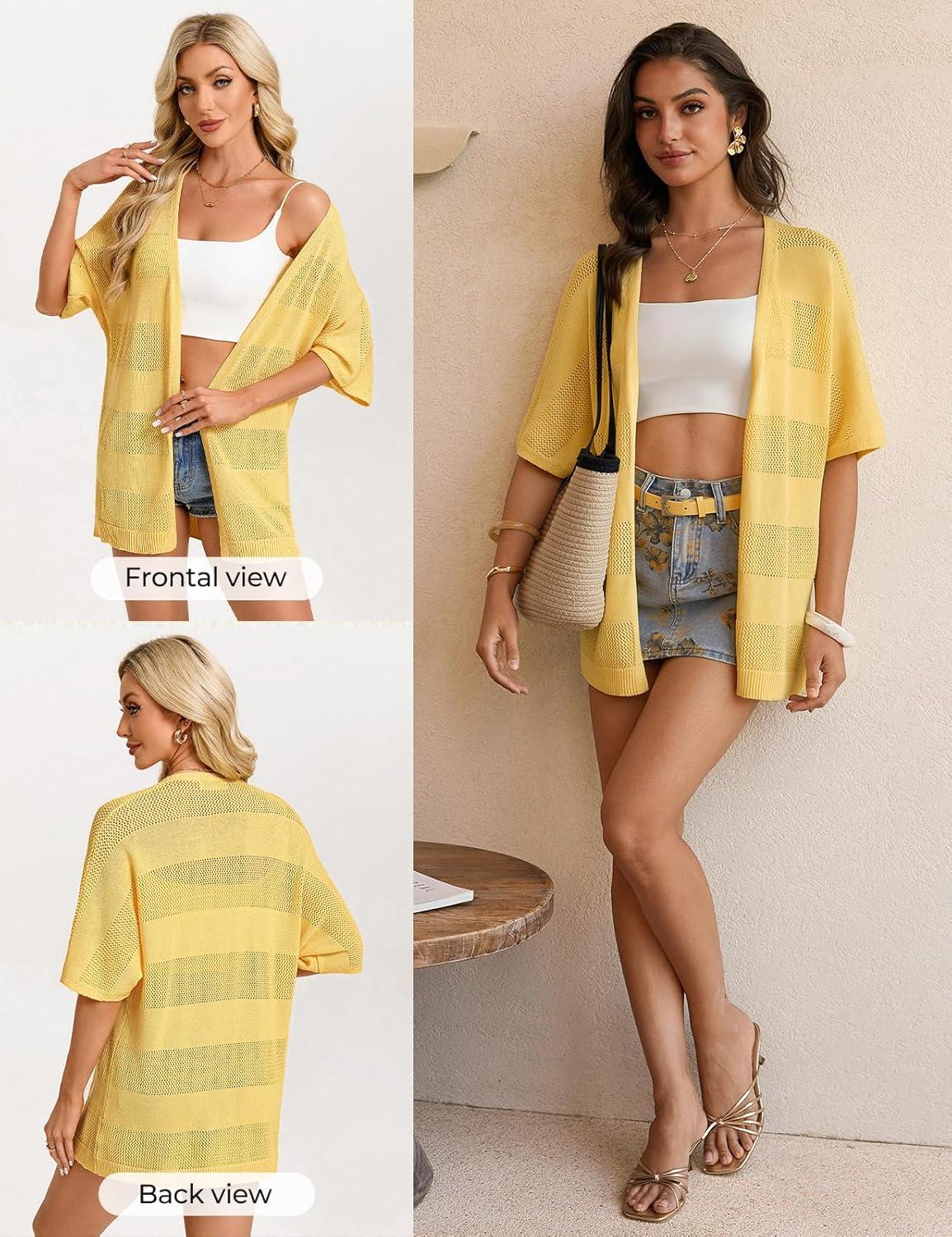 imageGRACE KARIN Womens Lightweight Summer Cardigan Short Sleeve Crochet Knit Coverup Boho Kimono Beach Vacation ClothesYellow