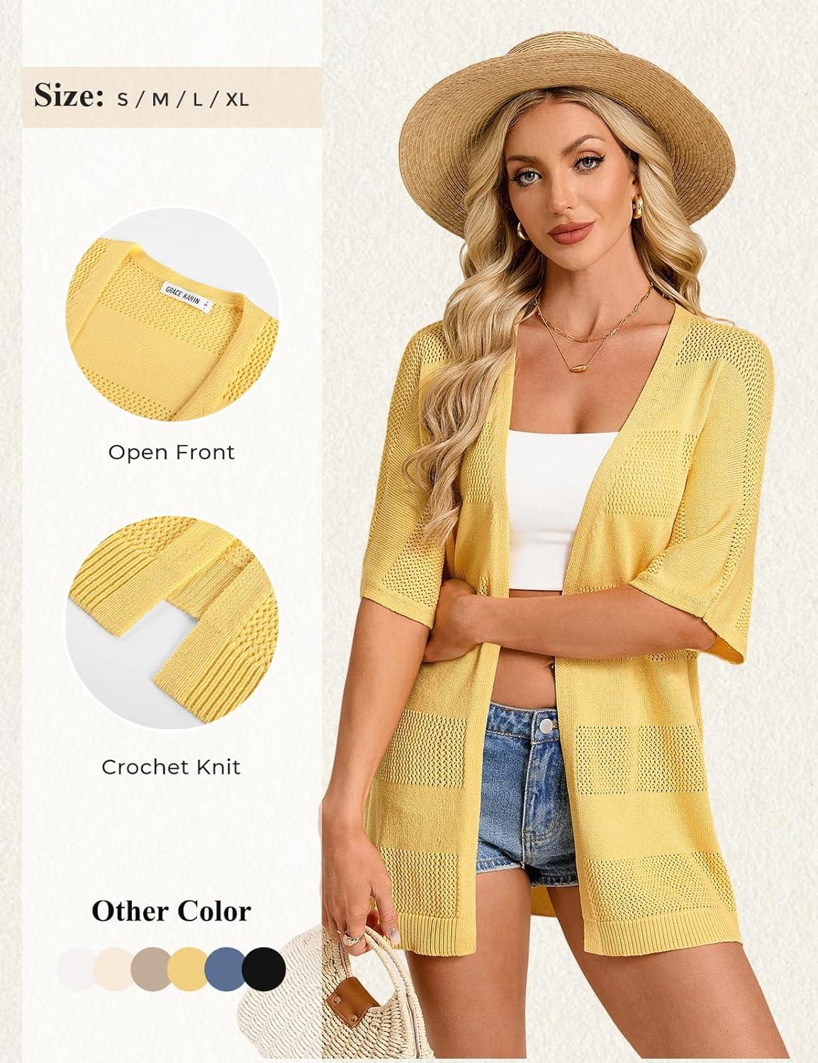 imageGRACE KARIN Womens Lightweight Summer Cardigan Short Sleeve Crochet Knit Coverup Boho Kimono Beach Vacation ClothesYellow