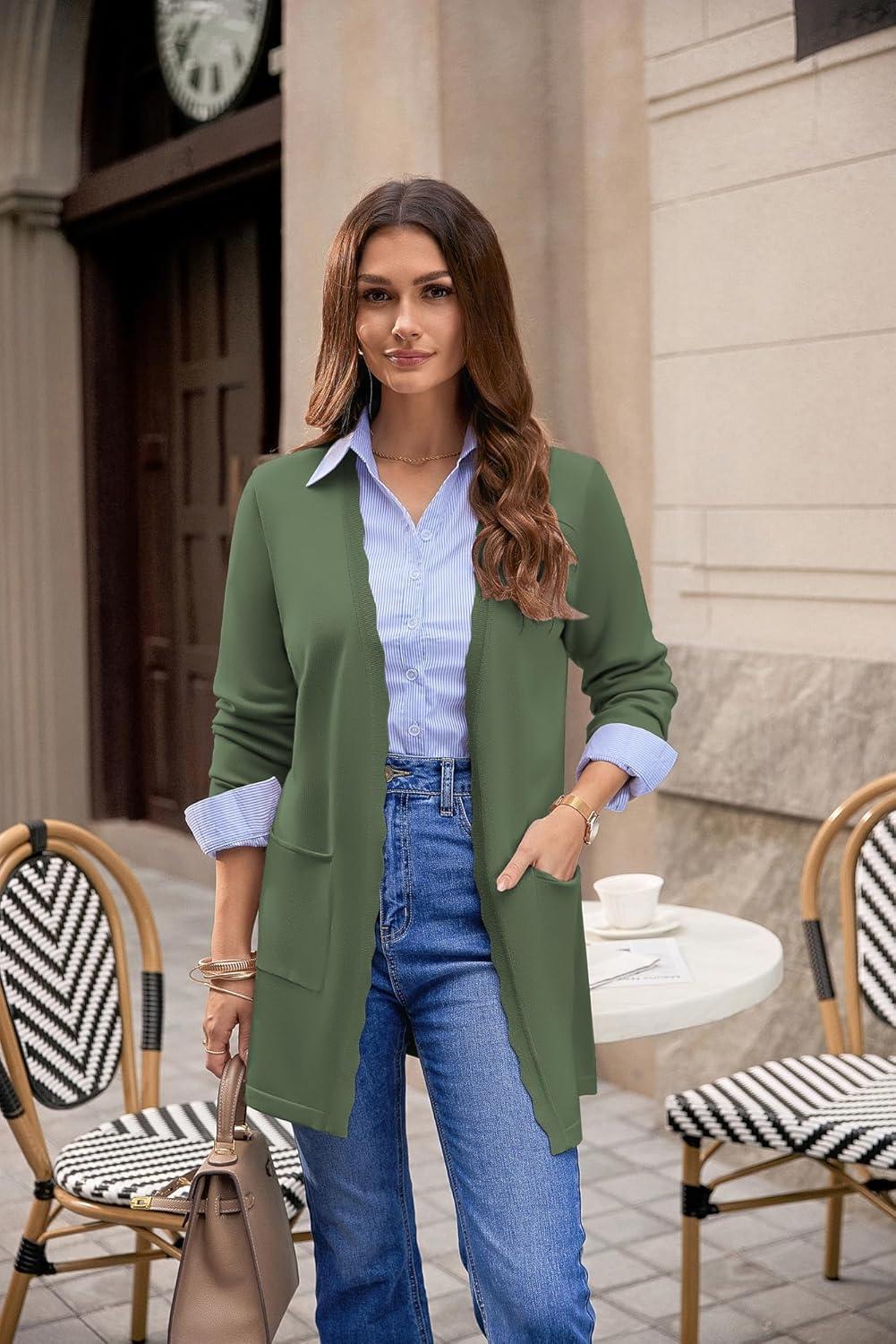 imageGRACE KARIN Womens Long Cardigans Trendy Lightweight Knit Blazer Casual Open Front Spring Sweaters with PocketsArmy Green