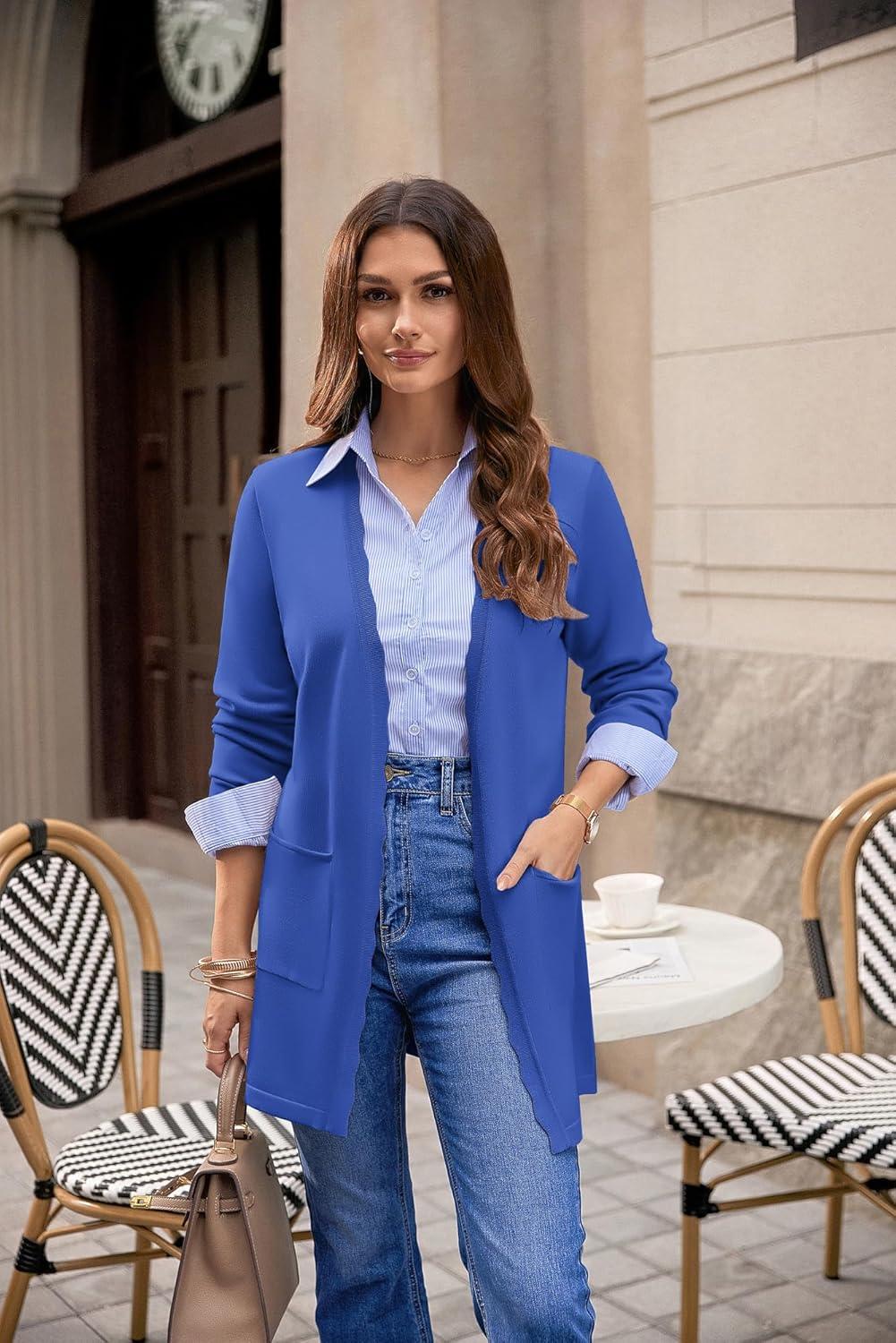 imageGRACE KARIN Womens Long Cardigans Trendy Lightweight Knit Blazer Casual Open Front Spring Sweaters with PocketsRoyal Blue