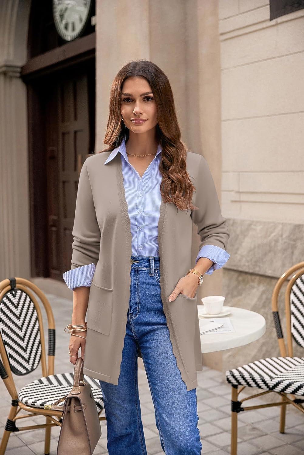 imageGRACE KARIN Womens Long Cardigans Trendy Lightweight Knit Blazer Casual Open Front Spring Sweaters with PocketsTaupe