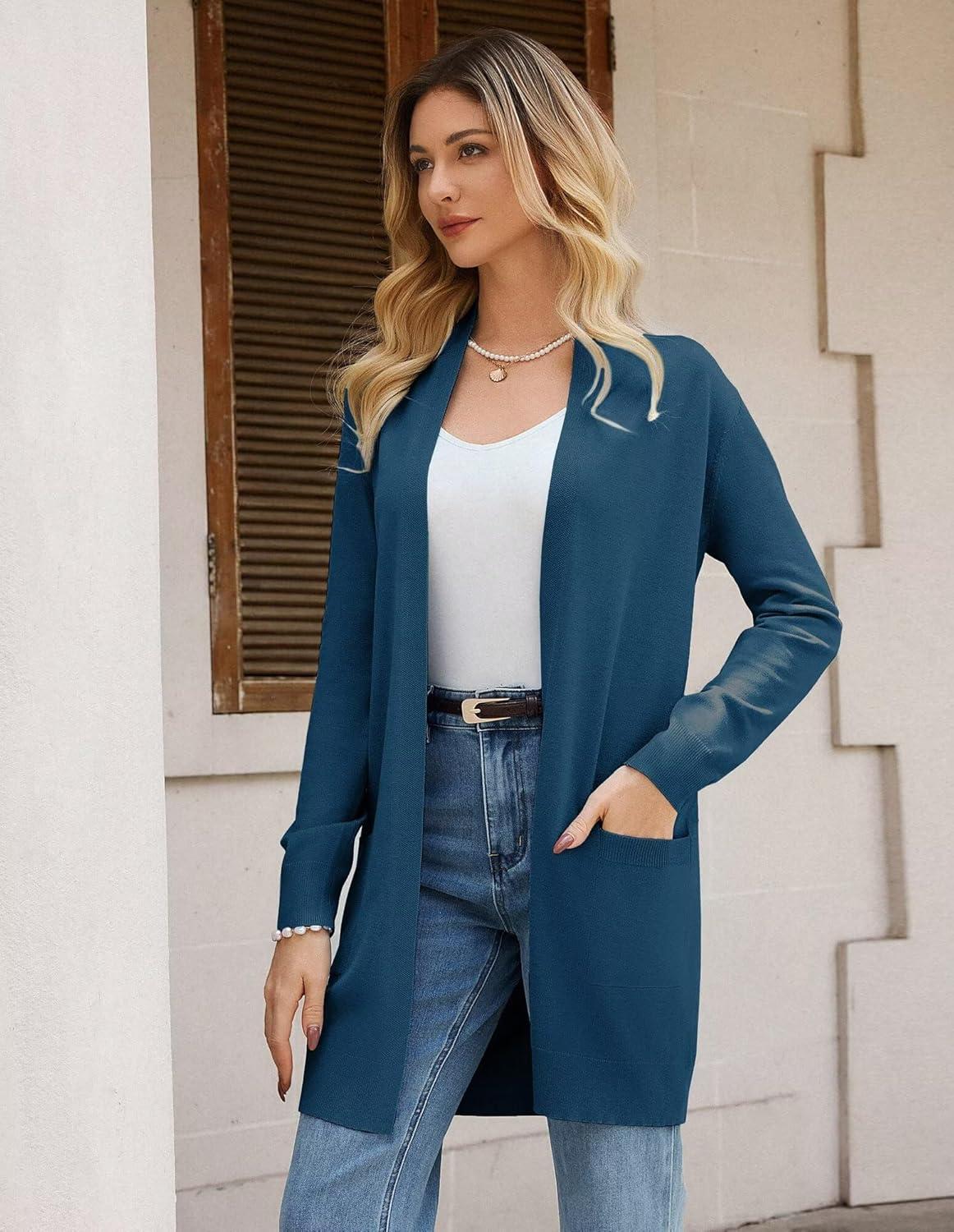 imageGRACE KARIN Womens Long Open Front Cardigan Fall Knit Long Sleeve Sweater Soft Essential Coatigan with Pockets Cerulean S