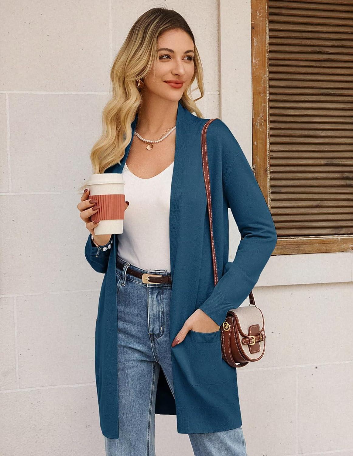 imageGRACE KARIN Womens Long Open Front Cardigan Fall Knit Long Sleeve Sweater Soft Essential Coatigan with Pockets Cerulean S