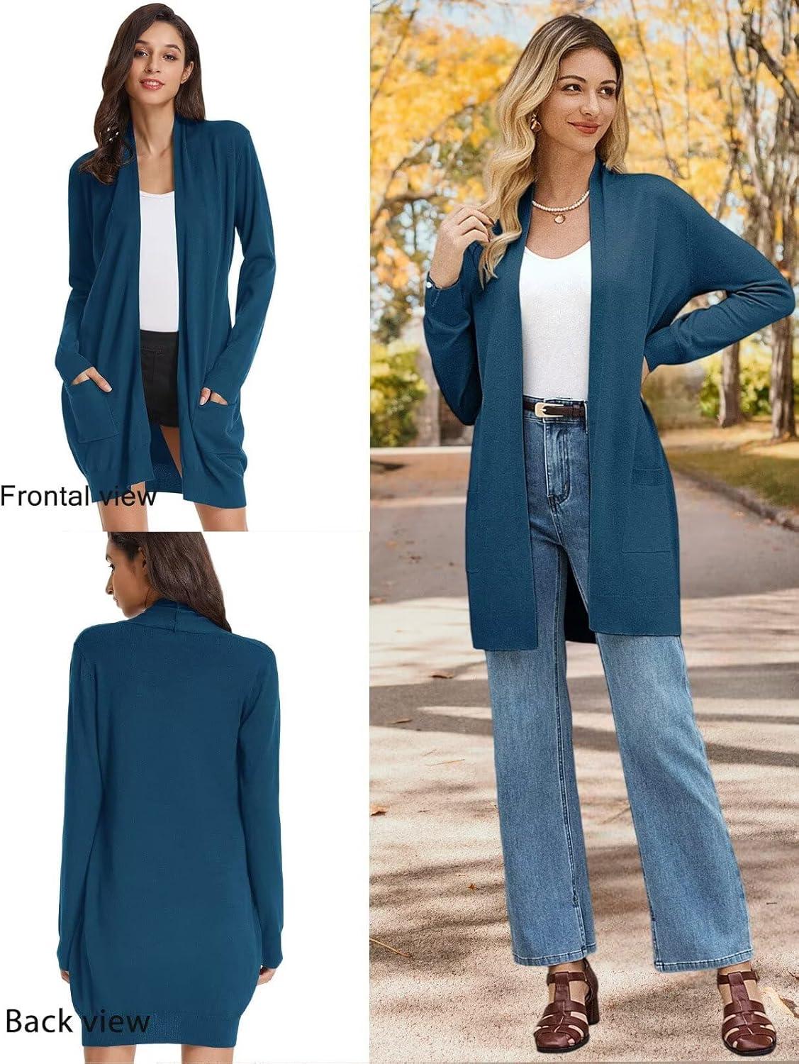imageGRACE KARIN Womens Long Open Front Cardigan Fall Knit Long Sleeve Sweater Soft Essential Coatigan with Pockets Cerulean S