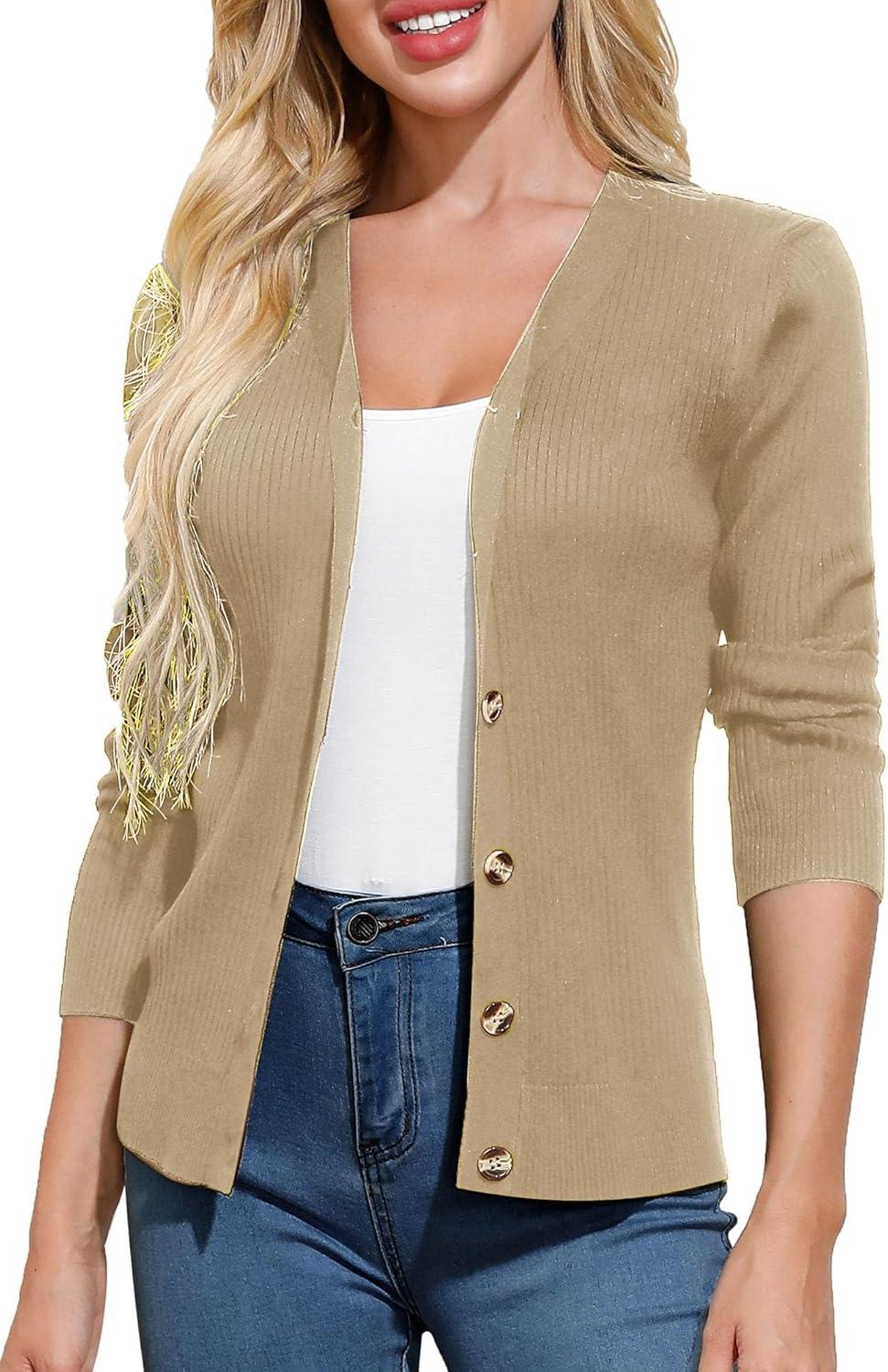 imageGRACE KARIN Womens Long Sleeve Button Down Vee Neck Classic Sweater Knit CardiganTan Khaki