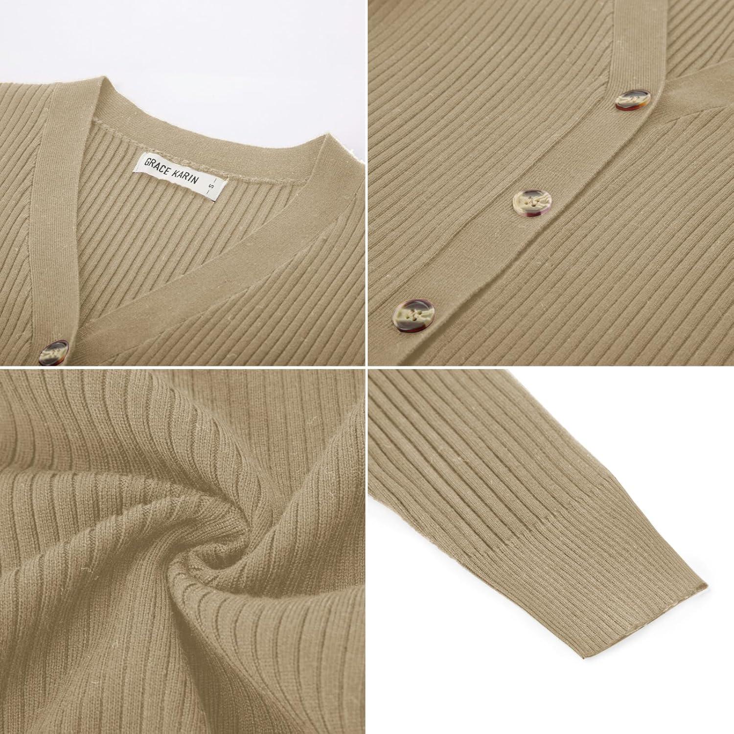 imageGRACE KARIN Womens Long Sleeve Button Down Vee Neck Classic Sweater Knit CardiganTan Khaki