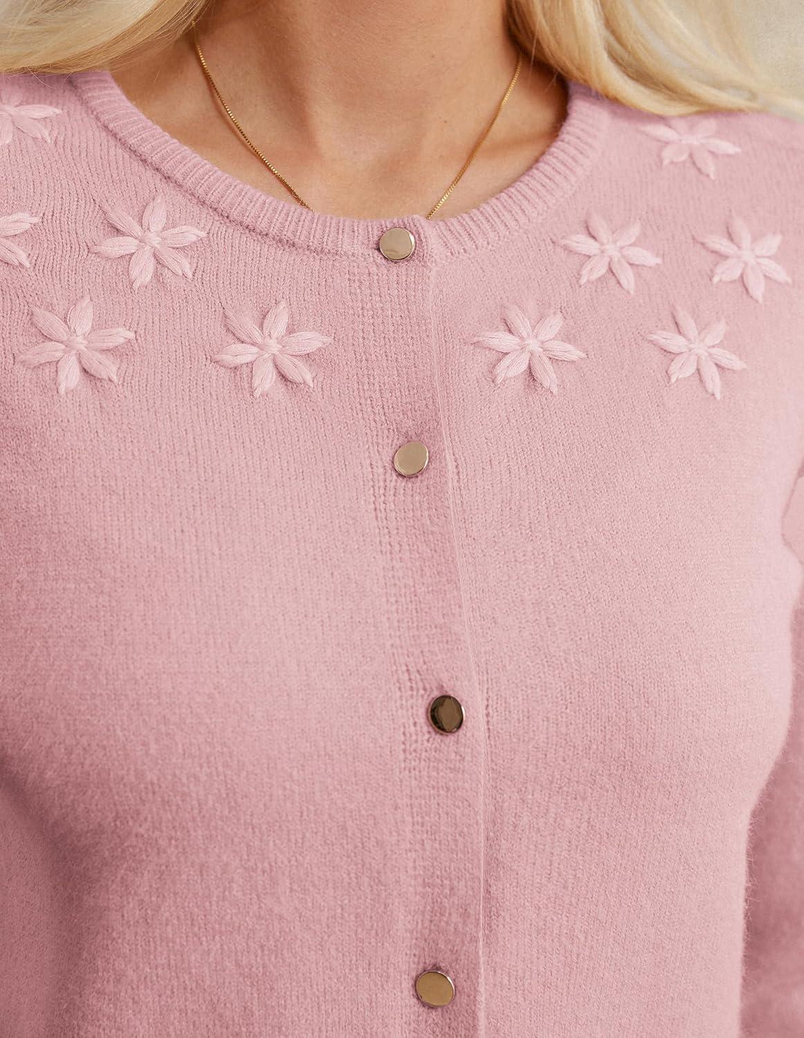 imageGRACE KARIN Womens Long Sleeve Knitted Cardigan Sweaters Crew Neck Button Up Fuzzy Flower Sweaters Fall OutfitsPink