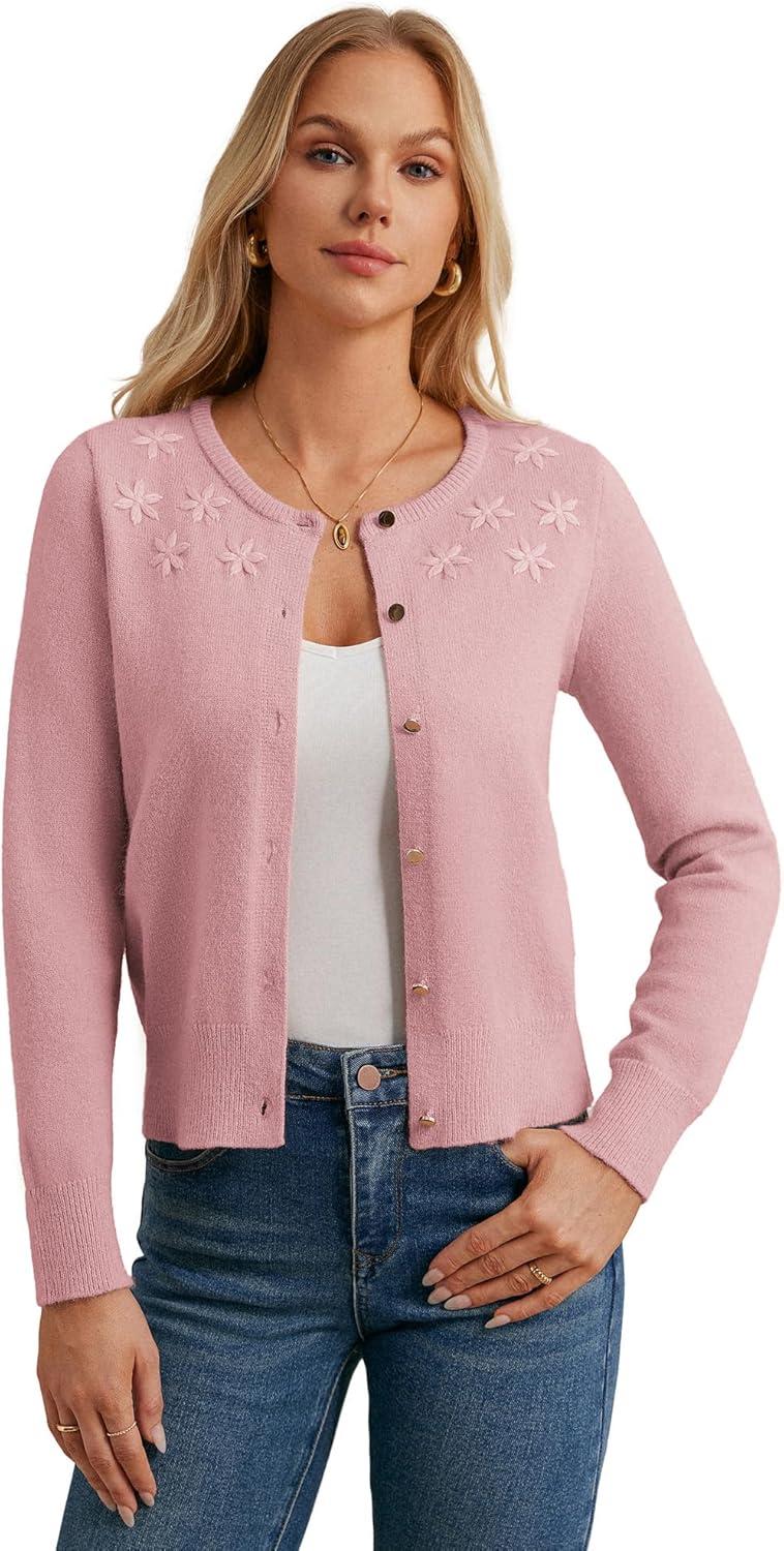 imageGRACE KARIN Womens Long Sleeve Knitted Cardigan Sweaters Crew Neck Button Up Fuzzy Flower Sweaters Fall OutfitsPink