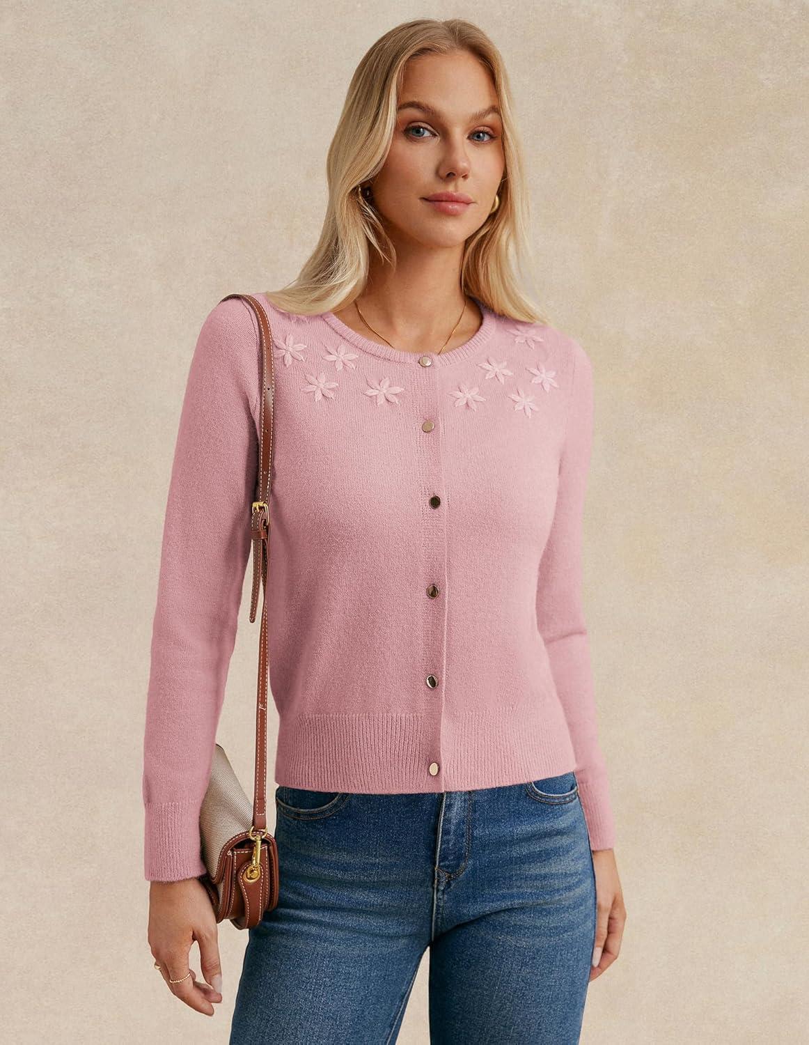 imageGRACE KARIN Womens Long Sleeve Knitted Cardigan Sweaters Crew Neck Button Up Fuzzy Flower Sweaters Fall OutfitsPink