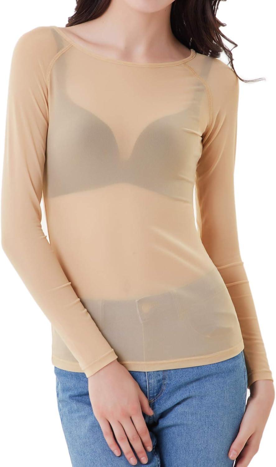 imageGRACE KARIN Womens Long Sleeve See Through Mesh Sheer Top Blouse ShirtNude