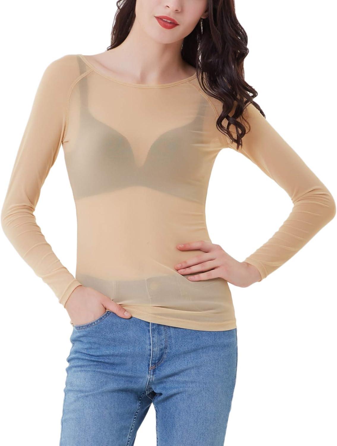 imageGRACE KARIN Womens Long Sleeve See Through Mesh Sheer Top Blouse ShirtNude