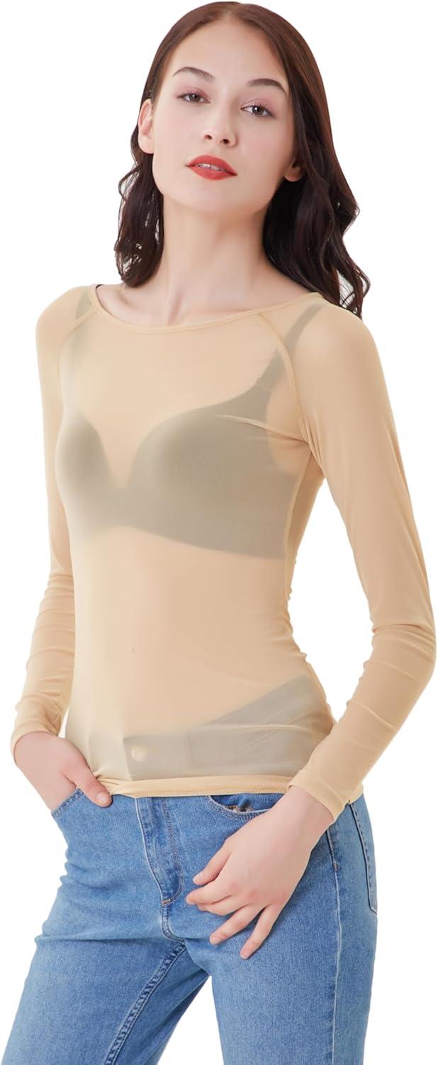 imageGRACE KARIN Womens Long Sleeve See Through Mesh Sheer Top Blouse ShirtNude