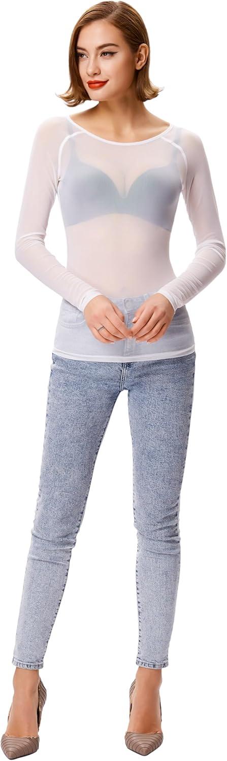 imageGRACE KARIN Womens Long Sleeve See Through Mesh Sheer Top Blouse ShirtWhite
