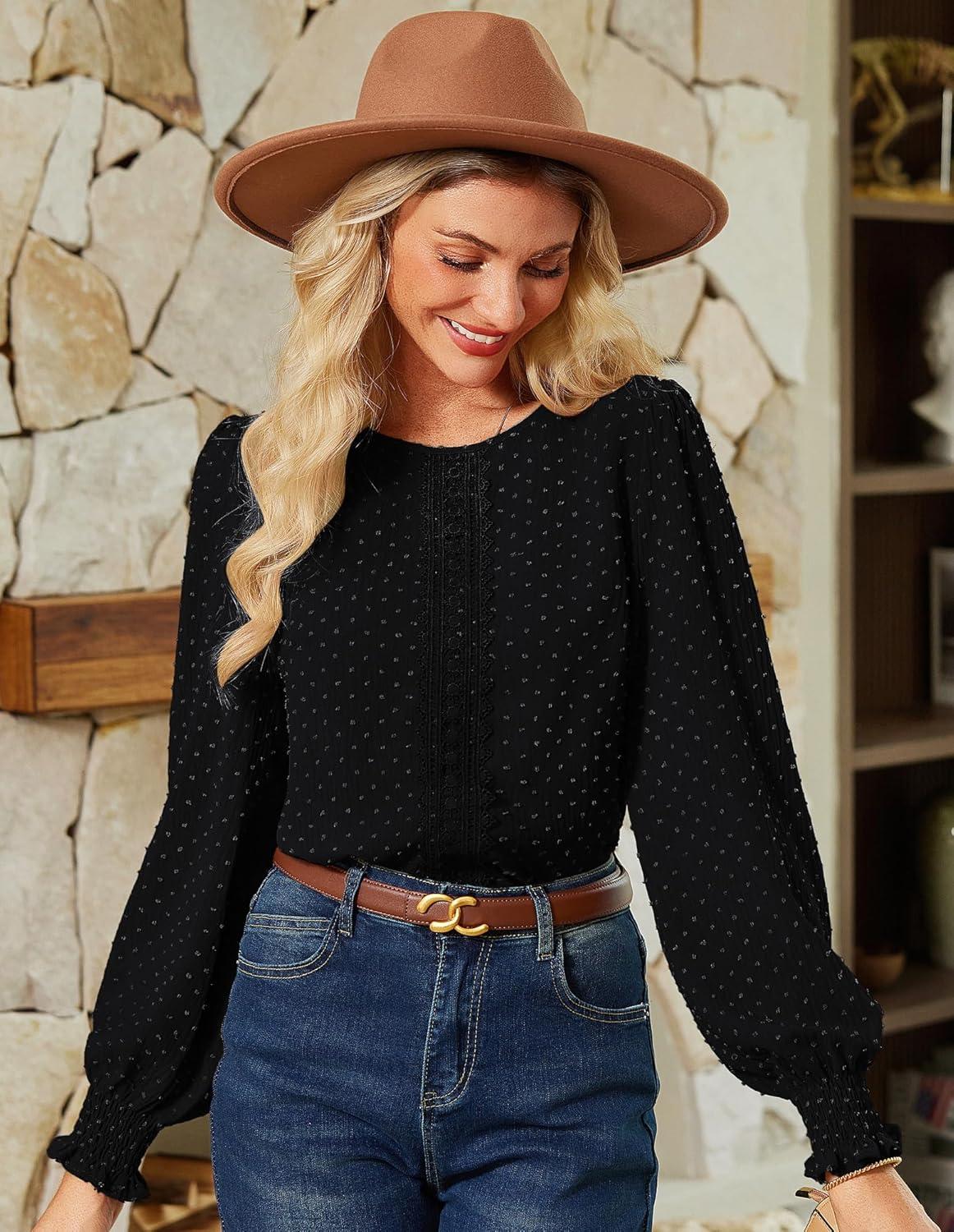 imageGRACE KARIN Womens Long Sleeve Tops Casual Swiss Dot Lace Crochet Shirts Dressy Crewneck Blouses 2025Black