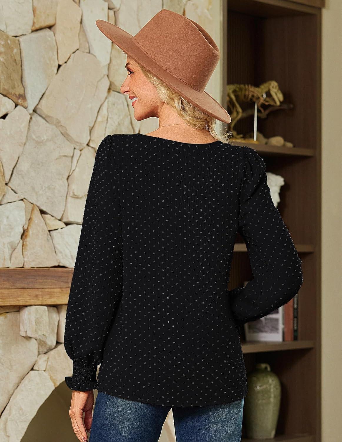 imageGRACE KARIN Womens Long Sleeve Tops Casual Swiss Dot Lace Crochet Shirts Dressy Crewneck Blouses 2025Black