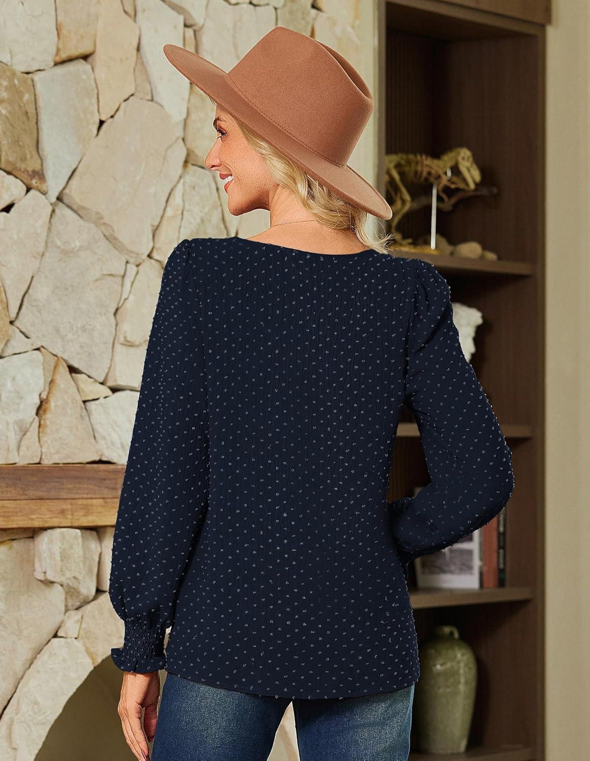 imageGRACE KARIN Womens Long Sleeve Tops Casual Swiss Dot Lace Crochet Shirts Dressy Crewneck Blouses 2025Navy Blue