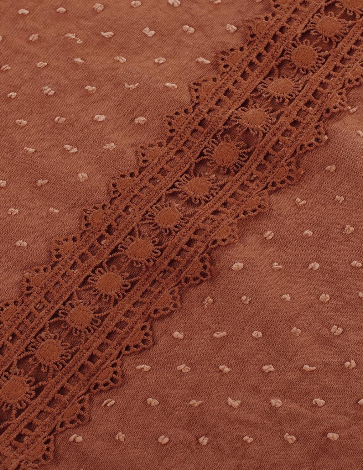 imageGRACE KARIN Womens Long Sleeve Tops Casual Swiss Dot Lace Crochet Shirts Dressy Crewneck Blouses 2025Red Brown