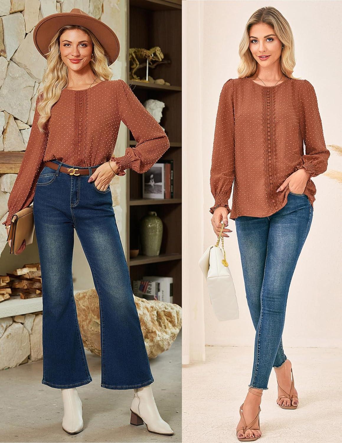 imageGRACE KARIN Womens Long Sleeve Tops Casual Swiss Dot Lace Crochet Shirts Dressy Crewneck Blouses 2025Red Brown