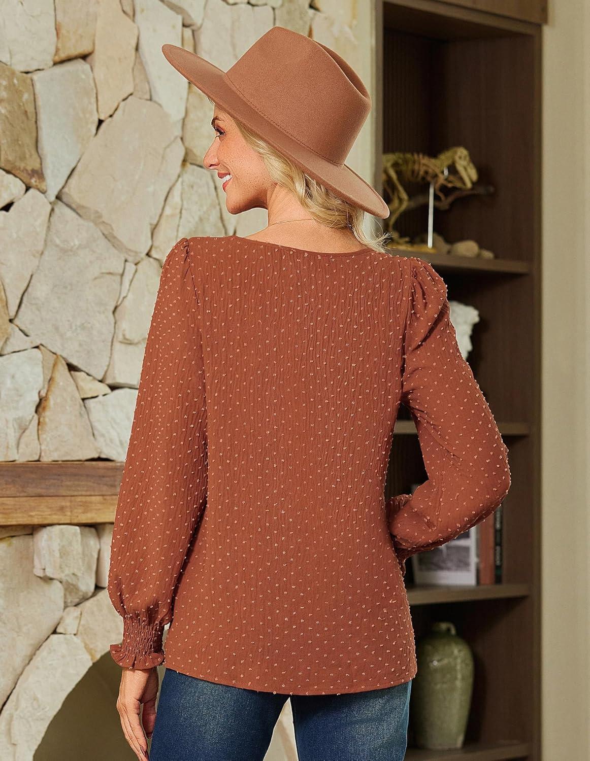 imageGRACE KARIN Womens Long Sleeve Tops Casual Swiss Dot Lace Crochet Shirts Dressy Crewneck Blouses 2025Red Brown