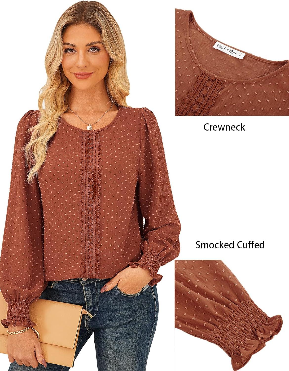 imageGRACE KARIN Womens Long Sleeve Tops Casual Swiss Dot Lace Crochet Shirts Dressy Crewneck Blouses 2025Red Brown