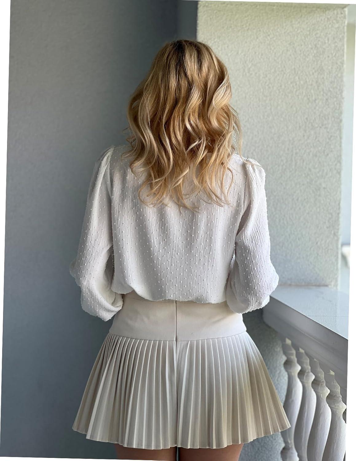 imageGRACE KARIN Womens Long Sleeve Tops Casual Swiss Dot Lace Crochet Shirts Dressy Crewneck Blouses 2025White