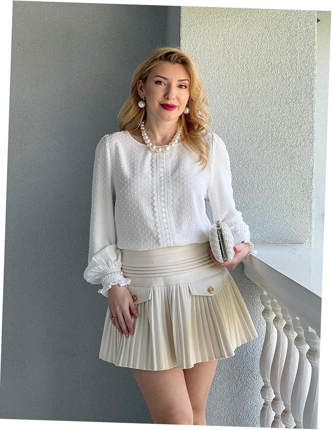 imageGRACE KARIN Womens Long Sleeve Tops Casual Swiss Dot Lace Crochet Shirts Dressy Crewneck Blouses 2025White