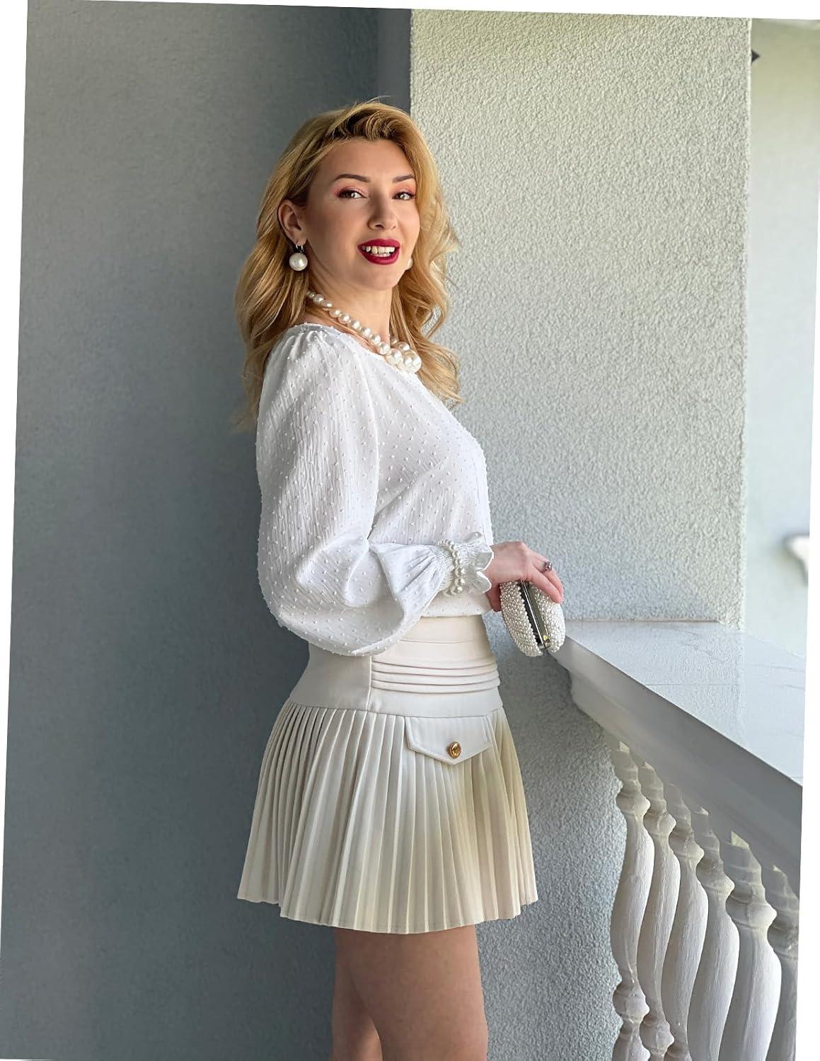 imageGRACE KARIN Womens Long Sleeve Tops Casual Swiss Dot Lace Crochet Shirts Dressy Crewneck Blouses 2025White