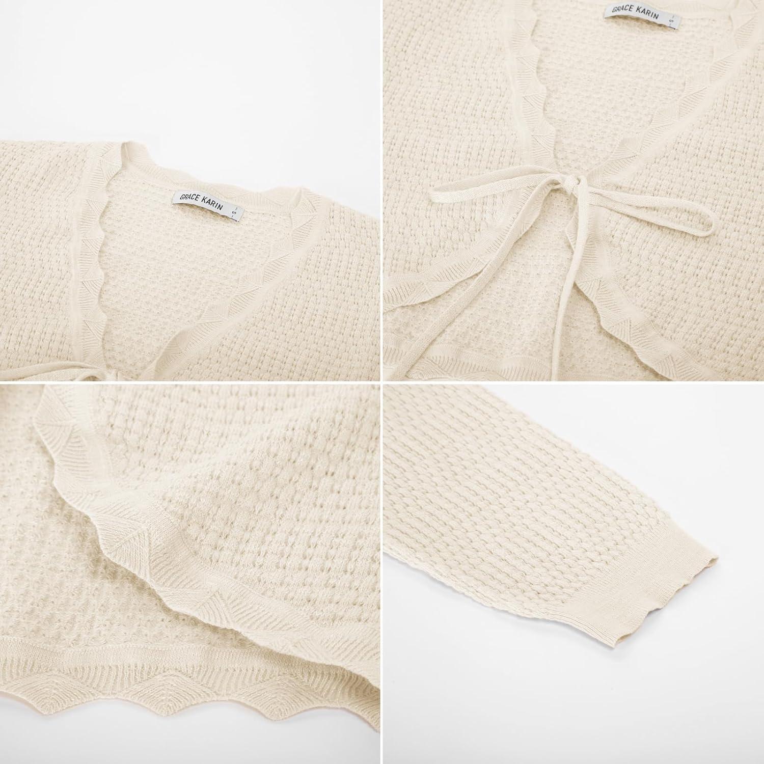 imageGRACE KARIN Womens Open Front Knit Cropped Bolero Shrug Cardigan Sweater Long Sleeve S4XLIvory