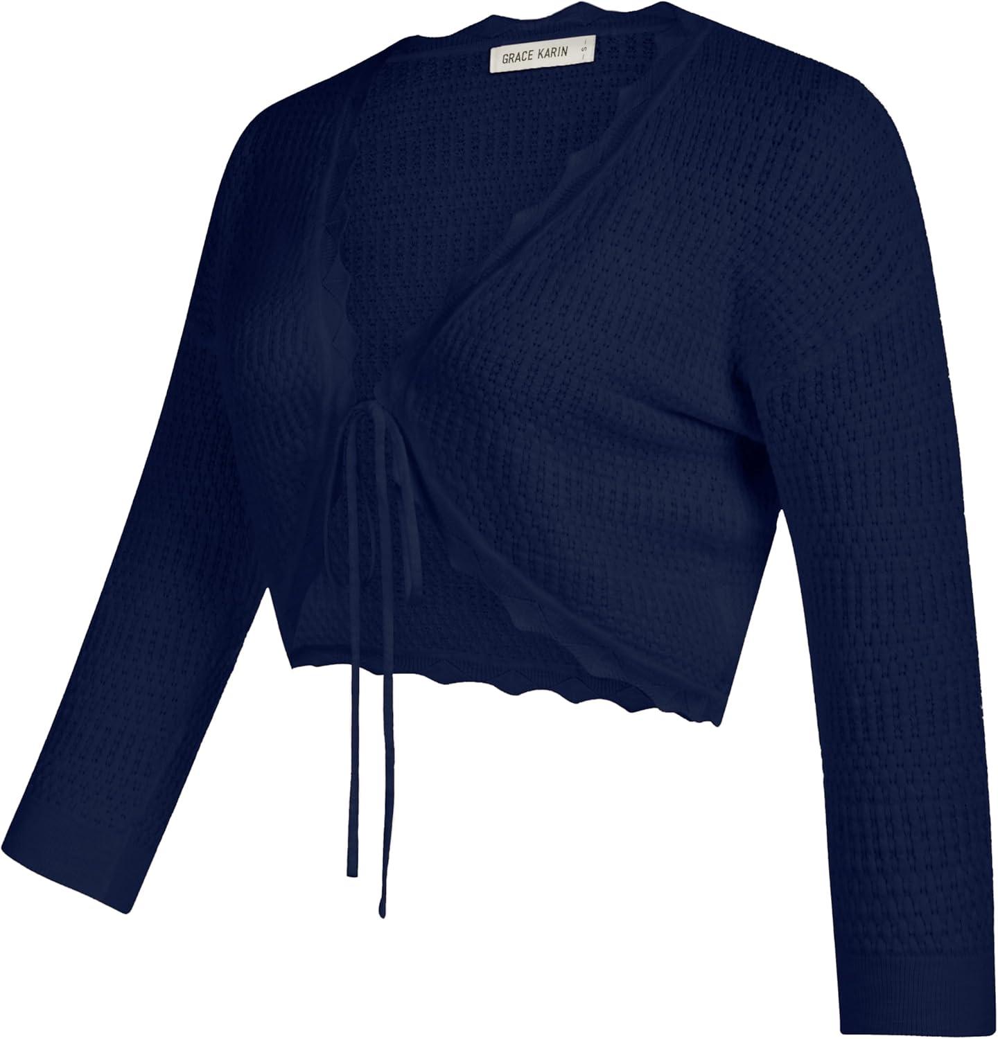 imageGRACE KARIN Womens Open Front Knit Cropped Bolero Shrug Cardigan Sweater Long Sleeve S4XLNavy Blue