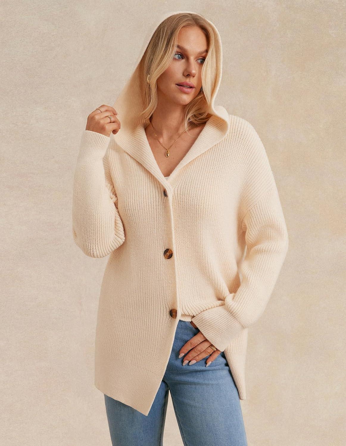 imageGRACE KARIN Womens Oversized Hooded Cardigan Sweaters 2025 Trendy Fall Outfits Button Up Knit Sweater Coats with PocketsApricot