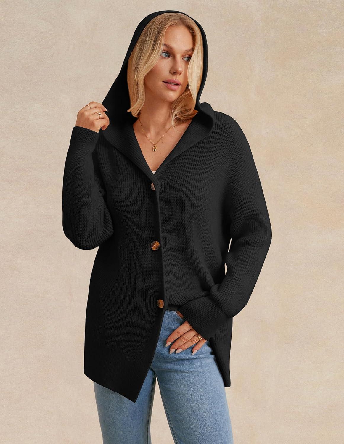 imageGRACE KARIN Womens Oversized Hooded Cardigan Sweaters 2025 Trendy Fall Outfits Button Up Knit Sweater Coats with PocketsBlack