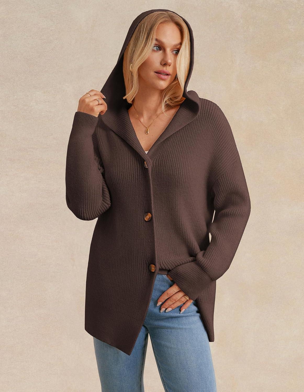 imageGRACE KARIN Womens Oversized Hooded Cardigan Sweaters 2025 Trendy Fall Outfits Button Up Knit Sweater Coats with PocketsBrown