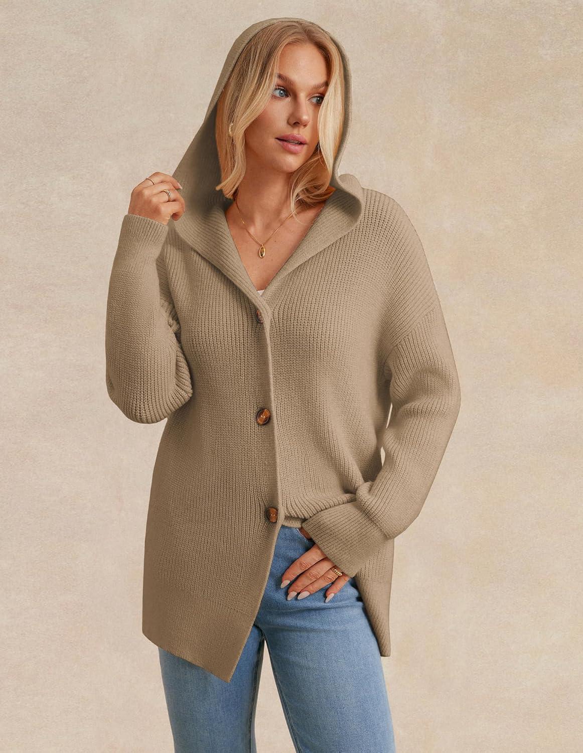 imageGRACE KARIN Womens Oversized Hooded Cardigan Sweaters 2025 Trendy Fall Outfits Button Up Knit Sweater Coats with PocketsKhaki
