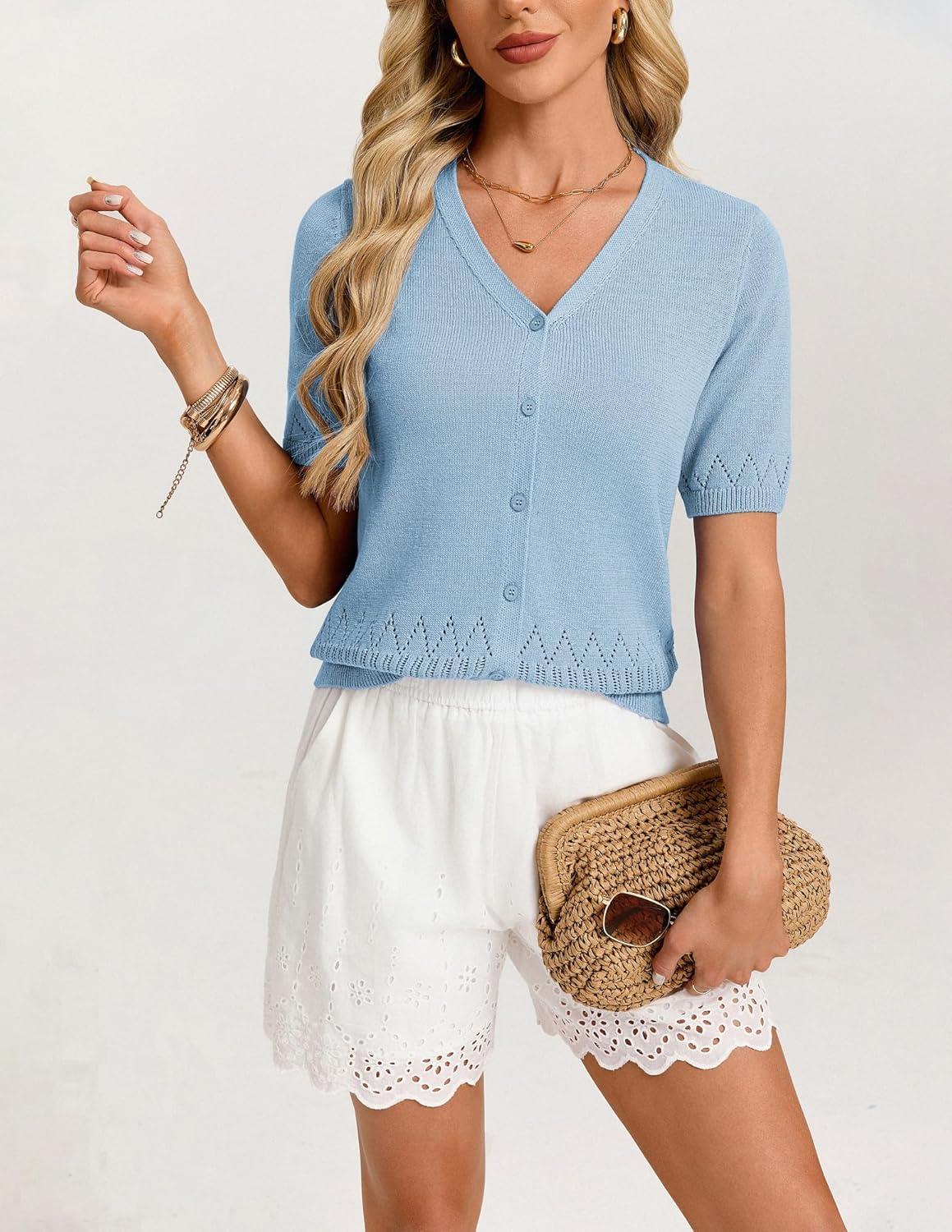 imageGRACE KARIN Womens Short Sleeve Spring Sweater Lightweight Cotton Cardigan Button Up V Neck Dressy Casual Cute TopsLight Blue