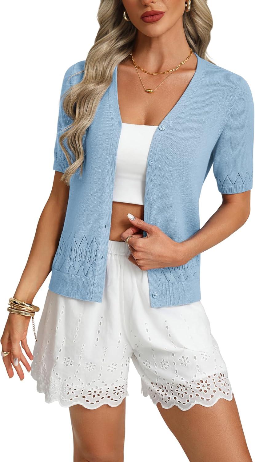 imageGRACE KARIN Womens Short Sleeve Spring Sweater Lightweight Cotton Cardigan Button Up V Neck Dressy Casual Cute TopsLight Blue
