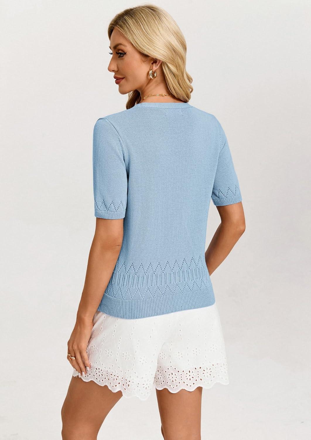 imageGRACE KARIN Womens Short Sleeve Spring Sweater Lightweight Cotton Cardigan Button Up V Neck Dressy Casual Cute TopsLight Blue