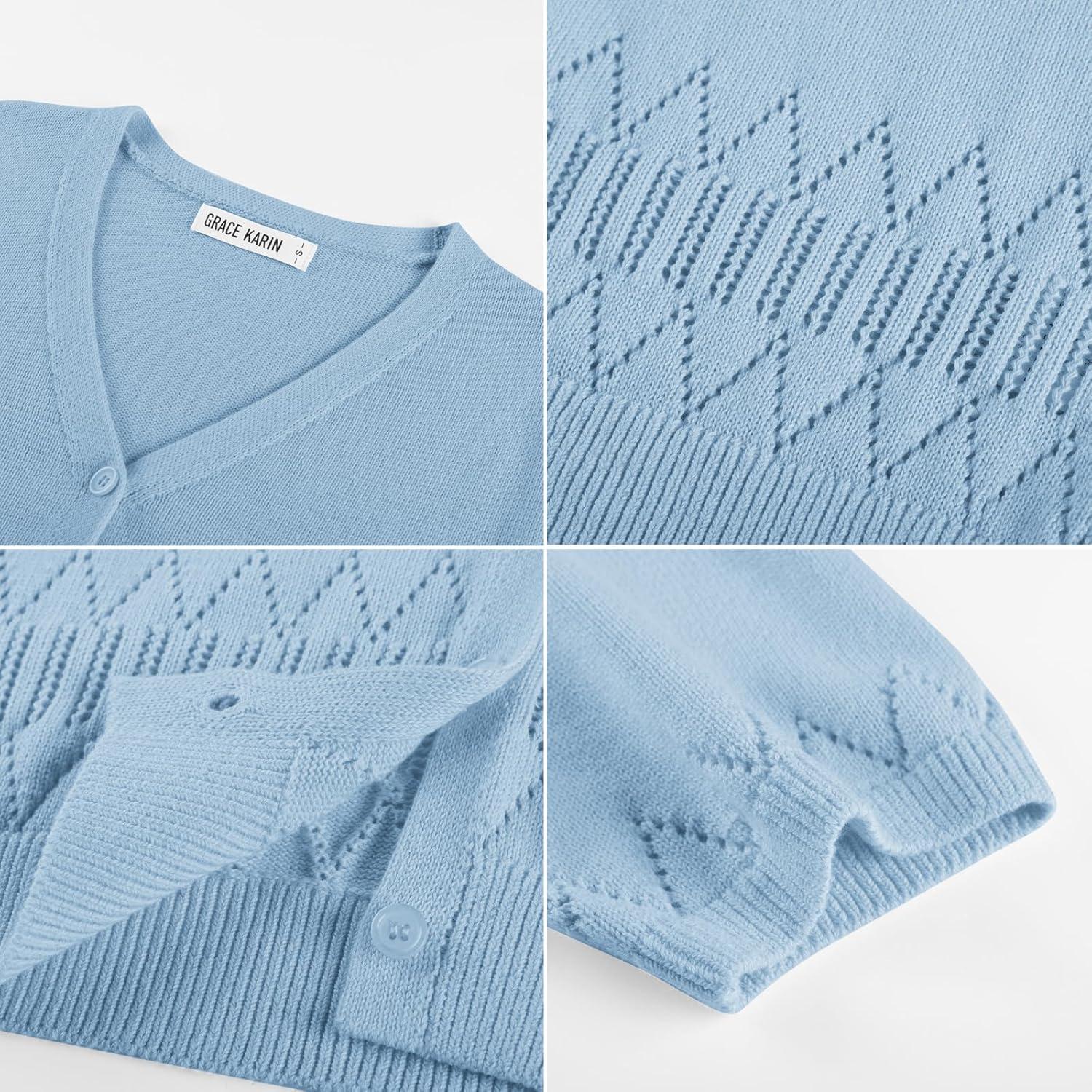 imageGRACE KARIN Womens Short Sleeve Spring Sweater Lightweight Cotton Cardigan Button Up V Neck Dressy Casual Cute TopsLight Blue