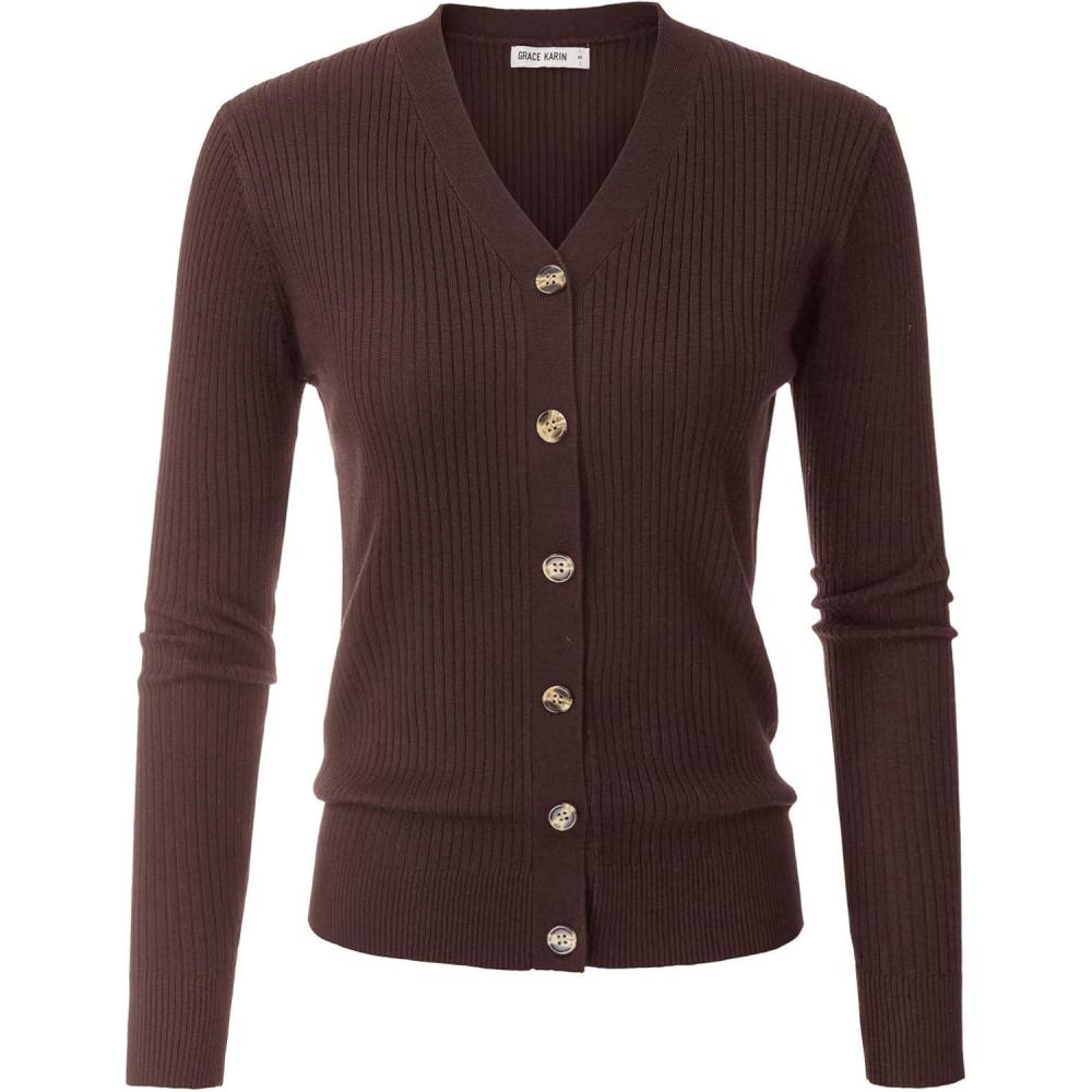 imageGRACE KARIN Cardigan for Women Long Sleeve V Neck Button Up Sweater Lightweight Knit Fitted Cardigan CasualCoffee