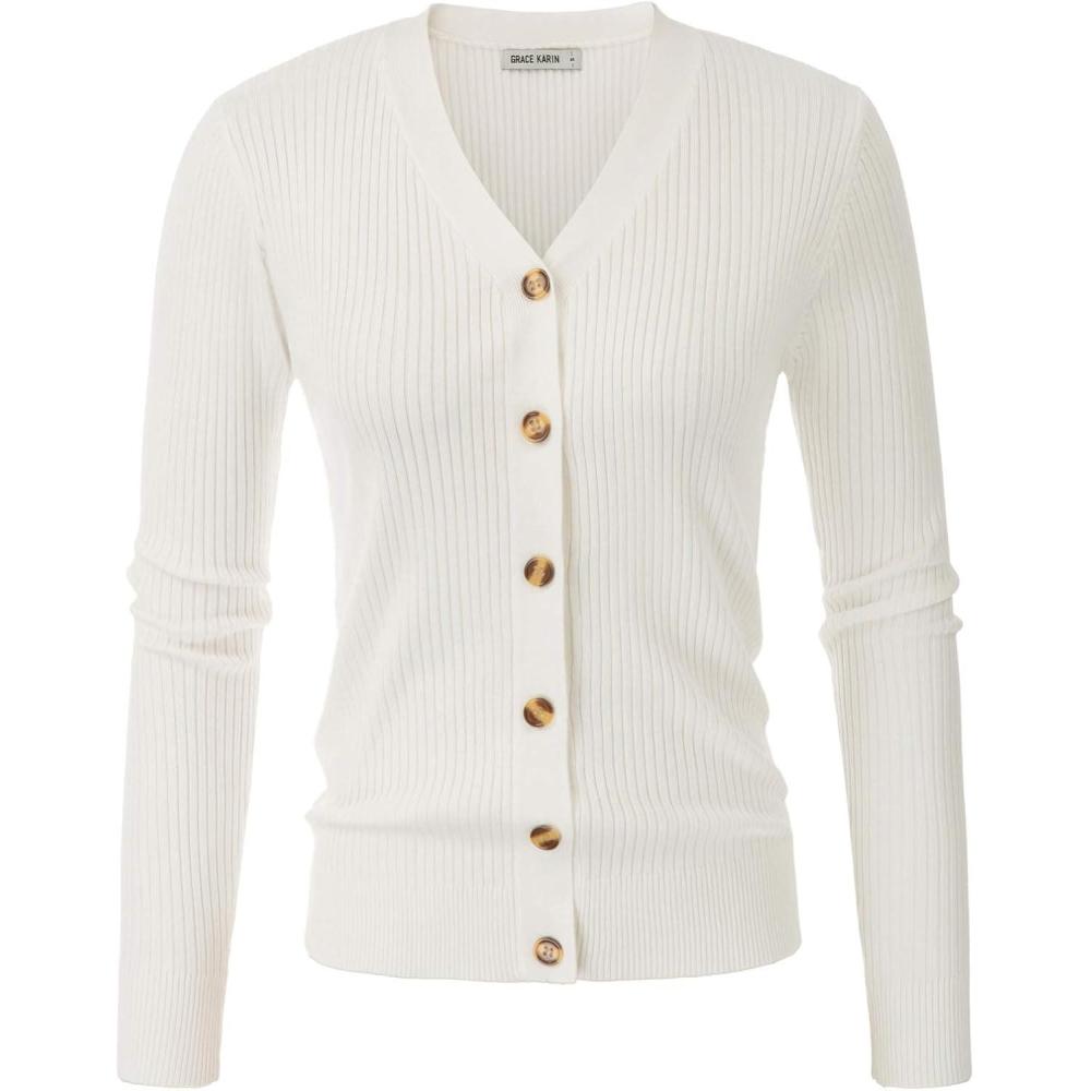 imageGRACE KARIN Cardigan for Women Long Sleeve V Neck Button Up Sweater Lightweight Knit Fitted Cardigan CasualIvory