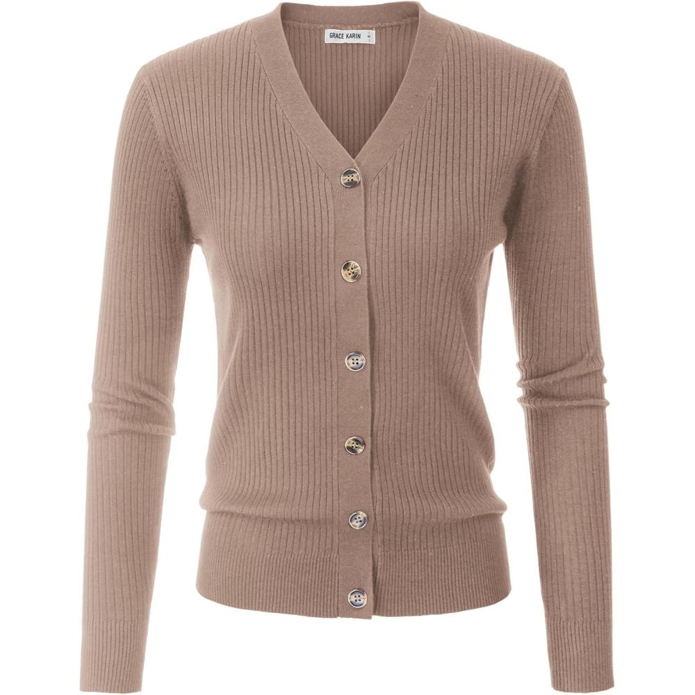 imageGRACE KARIN Cardigan for Women Long Sleeve V Neck Button Up Sweater Lightweight Knit Fitted Cardigan CasualKhaki