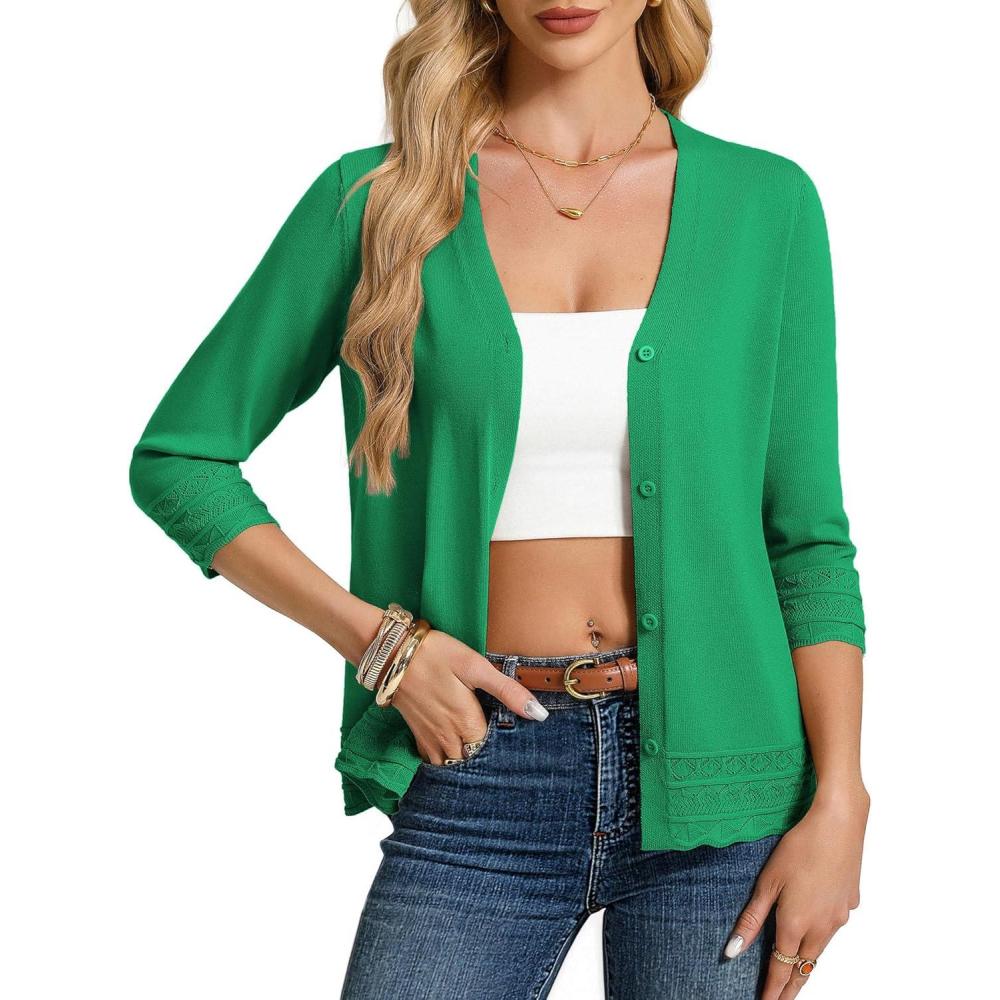 imageGRACE KARIN Cardigans for Women Trendy 34 Sleeve Lightweight Cardigan Spring Button Down Sweater Tops 2026Green