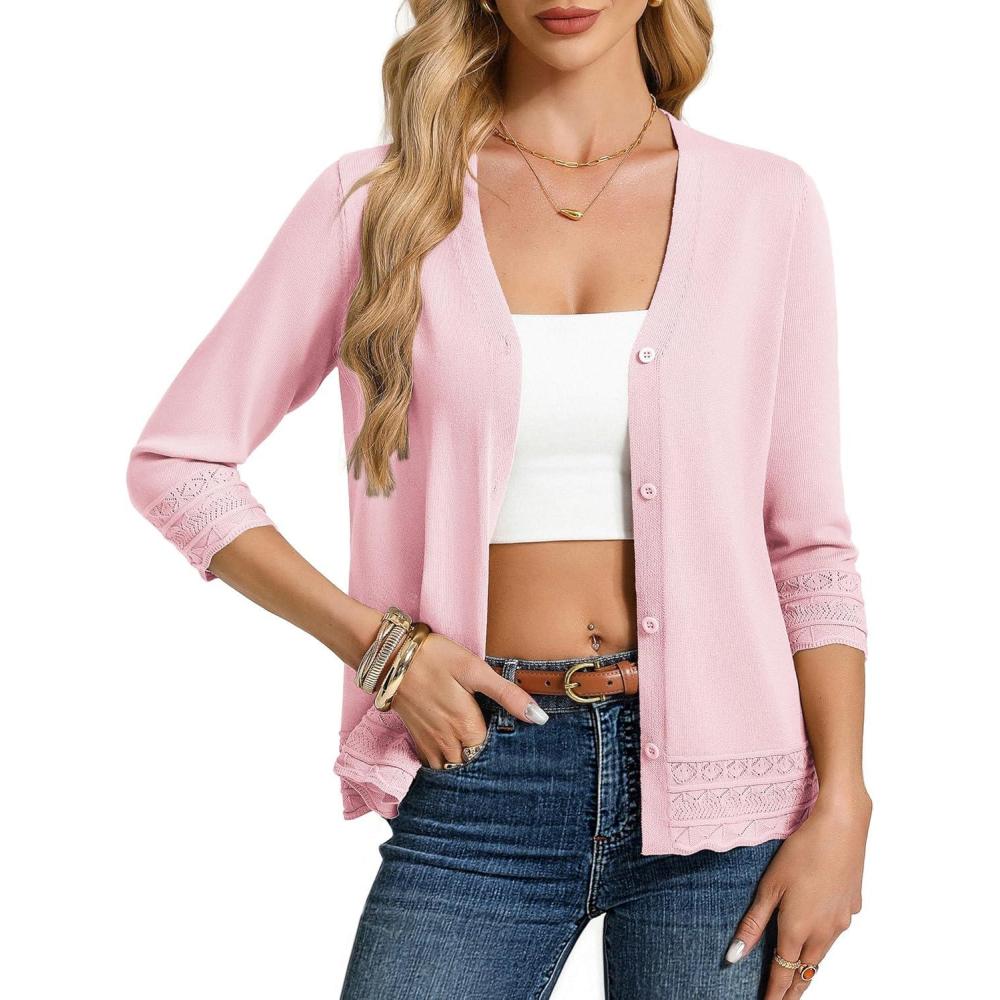 imageGRACE KARIN Cardigans for Women Trendy 34 Sleeve Lightweight Cardigan Spring Button Down Sweater Tops 2026Pink