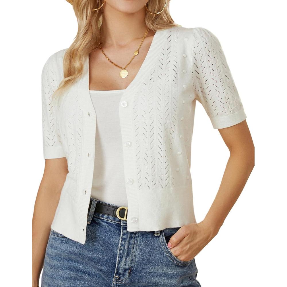 imageGRACE KARIN Cropped Cardigan Sweaters for Women Short Sleeve Crochet Knit Bolero Shrug VNeck Button up TopsIvory