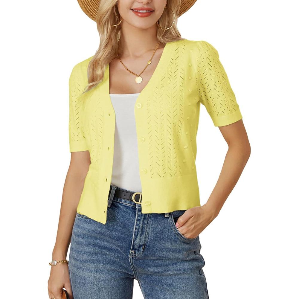 imageGRACE KARIN Cropped Cardigan Sweaters for Women Short Sleeve Crochet Knit Bolero Shrug VNeck Button up TopsLight Yellow