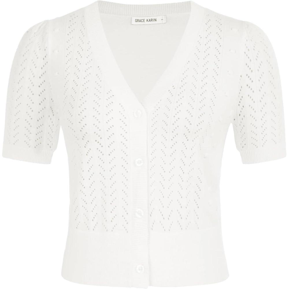 imageGRACE KARIN Cropped Cardigan Sweaters for Women Short Sleeve Crochet Knit Bolero Shrug VNeck Button up TopsWhite