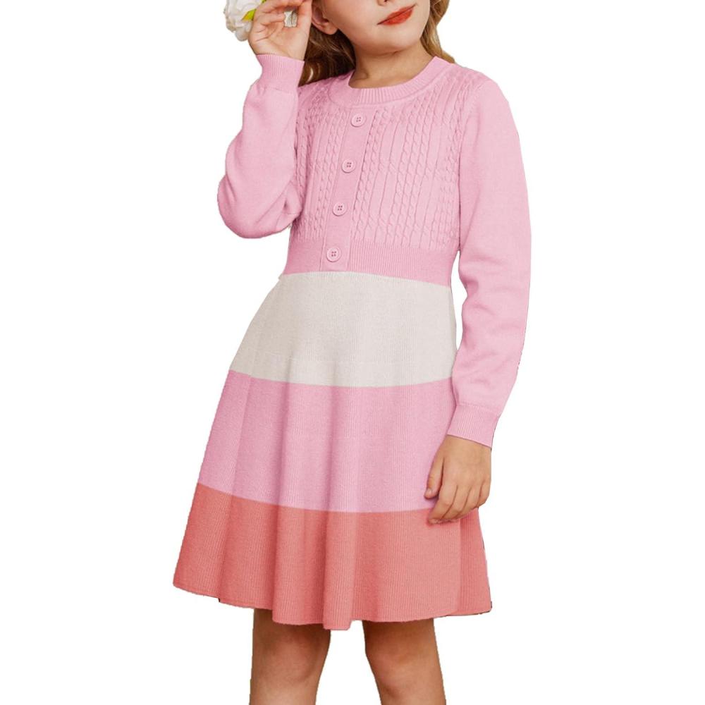 imageGRACE KARIN Girl Dress Long Sleeve Sweater Ruffle Button Front Knit Casual Fall Winter Dresses for Girls 512Color Blockpink