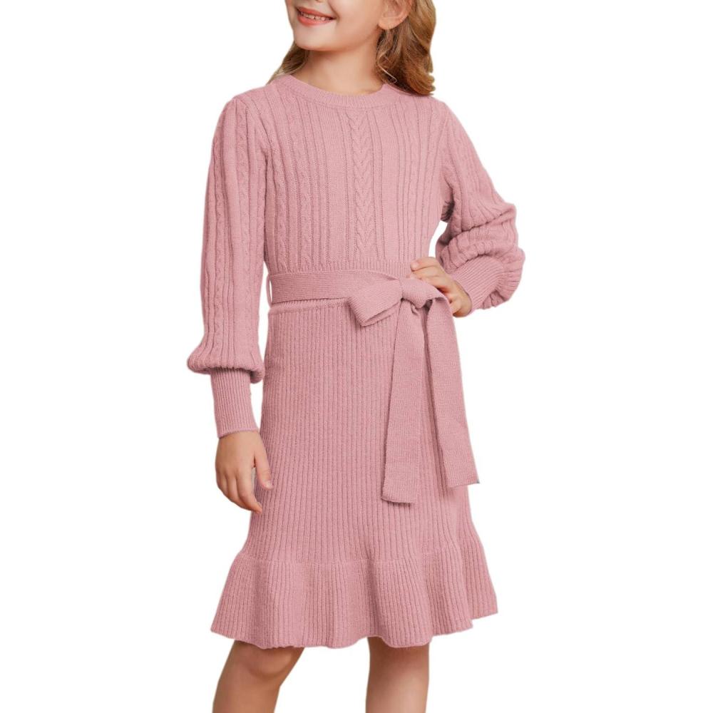 imageGRACE KARIN Girls Sweater Dress Cable Knit Long Sleeve Fall Winter Dress for Girl with Belt Sizes 614Pink